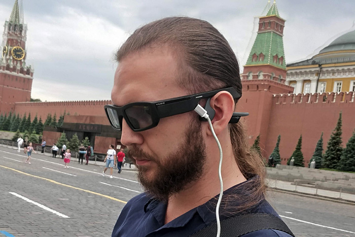 Blind user of The vOICe vision glasses in Russia, Vadim Artsev, wearing Vuzix Blade glasses running The vOICe for Android
